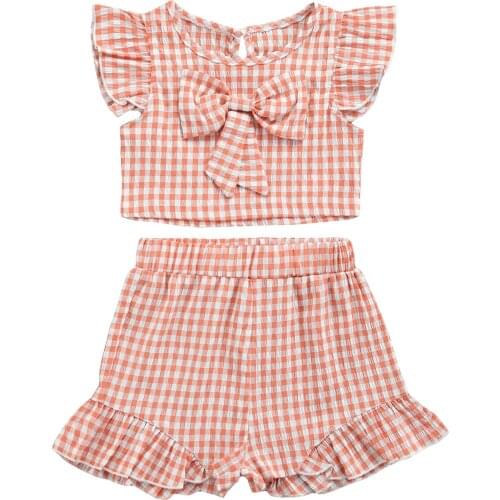 2 Pieces Kids Suit Set, Girls Plaid O-Neck Fly Sleeve Tops with Bowknot+ Short Pants for Summer, Pink