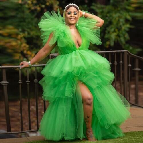 Fashion Puffy Green Women Formal Party Dresses Ruffles Tiered Split Long Tulle Birthday Party Dress Bridal Prom Gowns