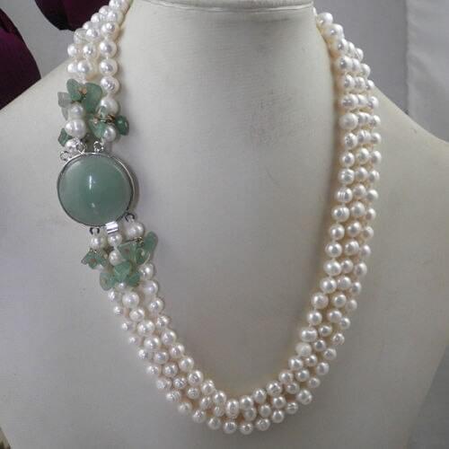 Jewelr COOL UNIQUE 3-ROW 100% GENUINE Natural fresh water WHITE PEARLS BEADS CLASP NECKLACE