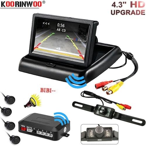 Koorinwoo Wireless Car Parking 4 Sensor Kit Buzzer Radar Indicator Probe System Foldable Monitor License plate Rear view camera