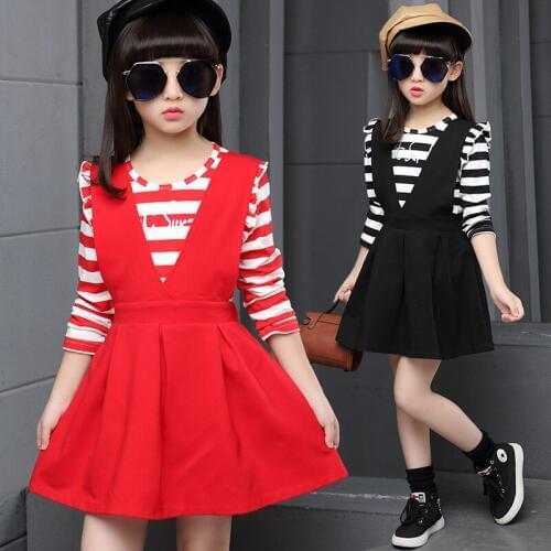 2017 New Girls Kids Clothing Set,striped Long Sleeve T-shirt+ Strap Dress,2pcs Dresses Suit,children Princess Clothes