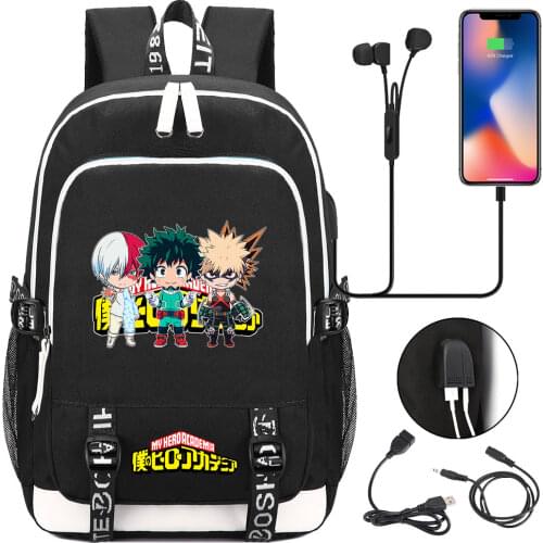 New Cute Anime My Hero Academia Prints USB Boy Girl Kids Book School Bags Teenagers Student Women Men Laptop Travel Backpack
