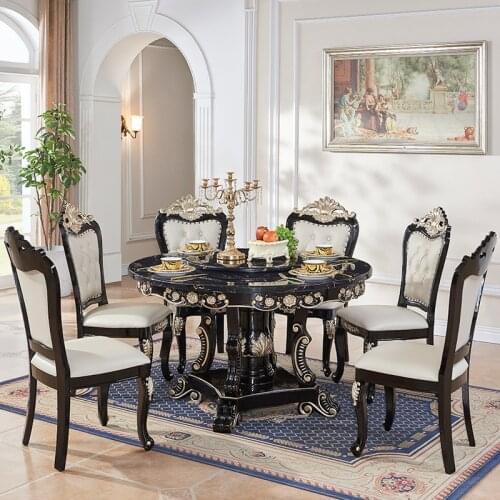 European style dining table marble all solid wood with turntable classical ebony light luxury round table