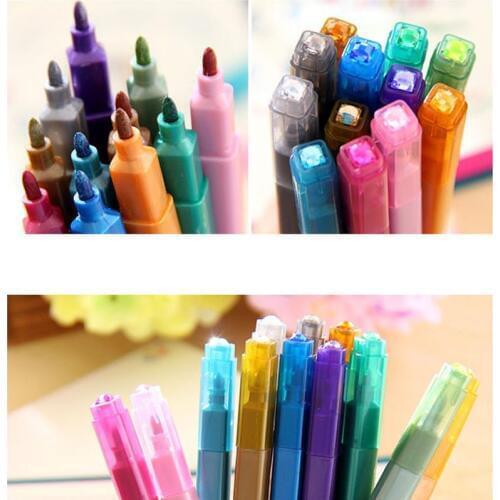 12 pcs/Set Permanent Metallic Paint Art Marker Brush Pen for Gift Card Making, DIY Photo Album Metal Glass Plastic
