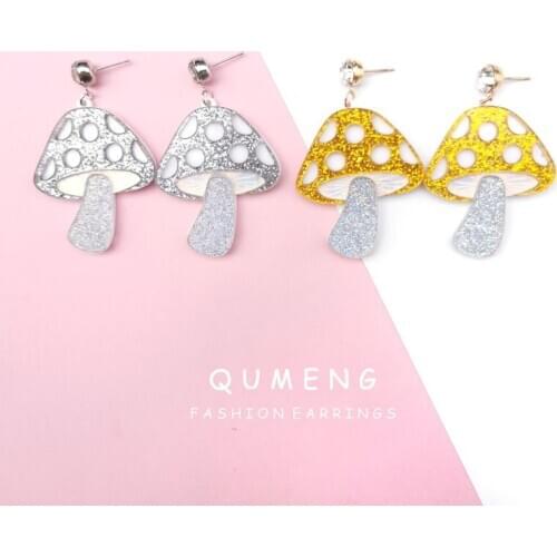QUMENG 2020 hyperbole Mushroom Glitter Powder Mushroom Shape Acrylic Earrings Exaggerated Fun Punk stud Earrings Jewelry Gift