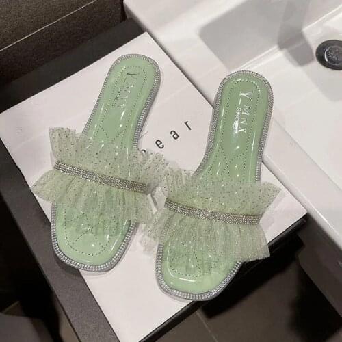 Luxury Designer Mesh Ruffle Rhinestone Beaded Flat Slippers For Women Fashion Sweet Slides Beach Home House Summer Shoes White