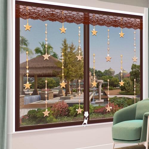 Gold Star Coffee Door Window Mesh Screen Zipper Opening Yarn Air Tulle Fly Anti-Mosquito Net Curtain Removeable Washable