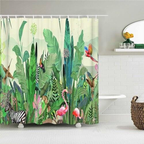 Tropical Plants Palm Tree leaves Shower Curtain Bathroom Curtains Flamingo Birds Waterproof Fabric Bathtub Decor With 12 Hooks