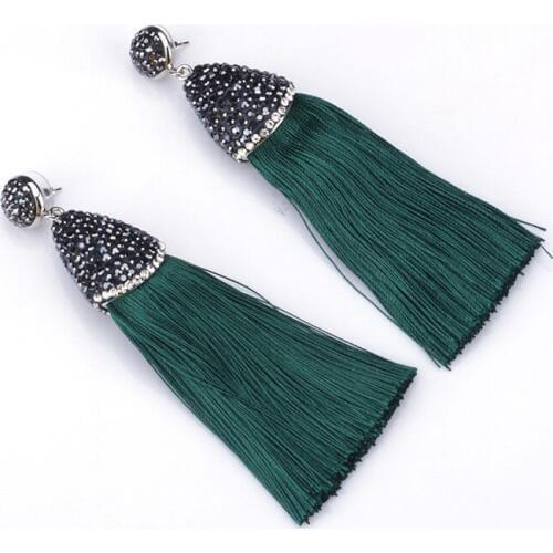Boho Dark Green Chunky Silk Thick Tassel with Blak Rhinestone Hat Cap Charm Studs Top Long Dangle Tassel Earrings For Women