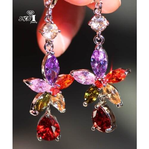 YaYI Jewelry Multi-Color Hot Natural Garnet Gemstones Zirconia Silver Color Wedding Party Hoop Ear Stud Precious Tassel Earrings