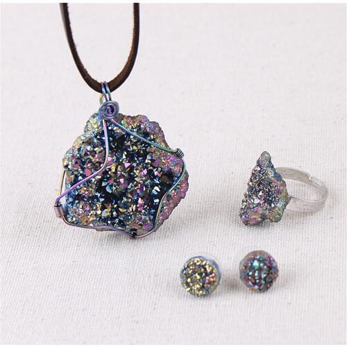 Druzy Crystal Stone Jewelry Set Necklace Earring Ring For Women Fashion Gold Statement Jewelry Accessories