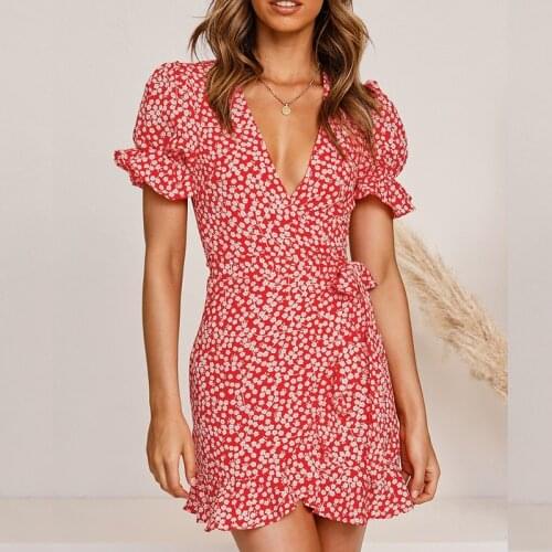 Women Printed Summer Dress 2021 Floral Lace-up Dress High Waist V-Neck Ruffled Puff Sleeve Mini Short Sleeve Dresses For Women
