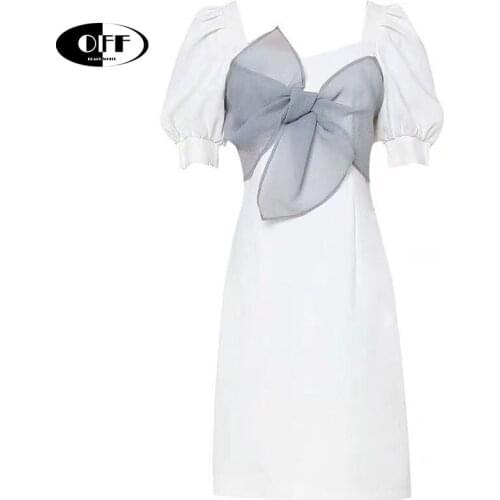 Designer Runway White Party Midi Dresses For Women Summer Bow Short Sleeve Traf Elegant Bodycon Office Style Dresses Vestidos ZA
