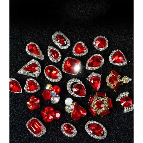 24 designs 100PCS/Lot High A+++Rhinestone 3d nail jewelry nail art strass crystal rhinestone drop glass diamond Red Gem charms