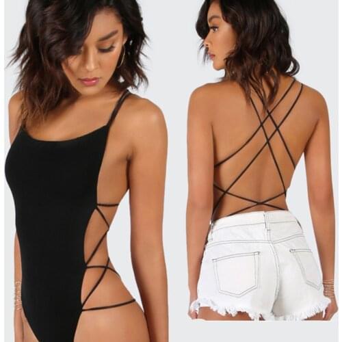 Fashion Ladies Women Sexy Sleeveless Lace Up Cross Bandage Backless Slim Fit Skinny Black Clubwear Beach Bodysuits Leotard