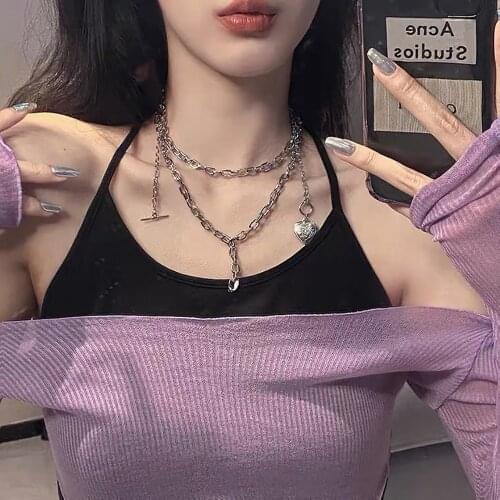 Hot Gothic Multi-Layer Thick Chunky Chain Butterfly Necklace Women Silver Color Rhinestone Pendant Necklaces Aesthetic Jewelry