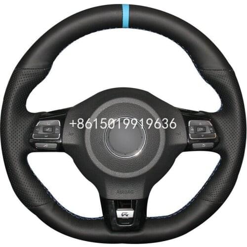 For Volkswagen GTI Scirocco Steering Wheel Cover DIY Hand-stitched Black Leather Car Interior Case Top Leather