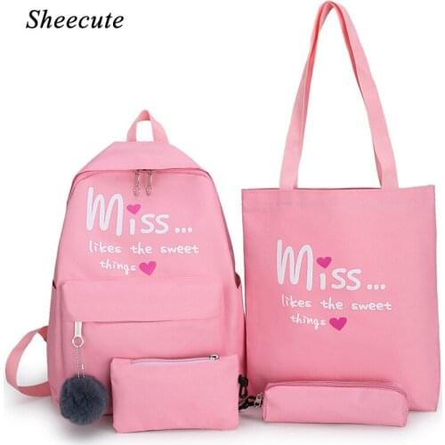 Children School Bags Student Backpack 2021 New Casual Canvas Backpack 4pcs/set Fashion Girls Schoolbag High Capacity Travel Bags