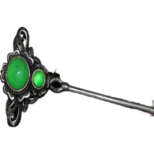 China Old Tibetan Silver Inlaid Emerald Hairpin