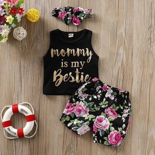 0-24Months Baby Summer Clothes Set Mommy is My Bestie Printed Top + Pants + Headband Set New Born Infant Baby Girls Clothing