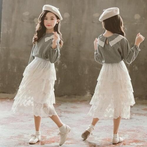 DFXD Girls Clothing Sets New Spring Teenager Clothes Cotton Plaid Turn Down Collar Top+Lace Tutu Cake SKirt Princess Party Sets