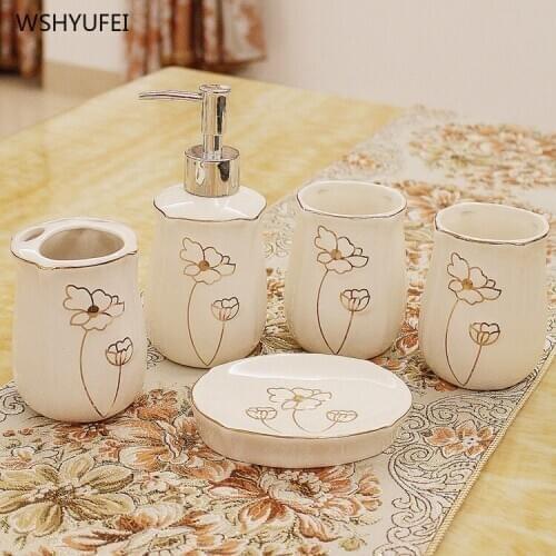 WSHYUFEI European Ceramics Bathroom Set Five-piece set High-end Mouth Cup Wash Toothbrush Holder Creative Bathroom Kit