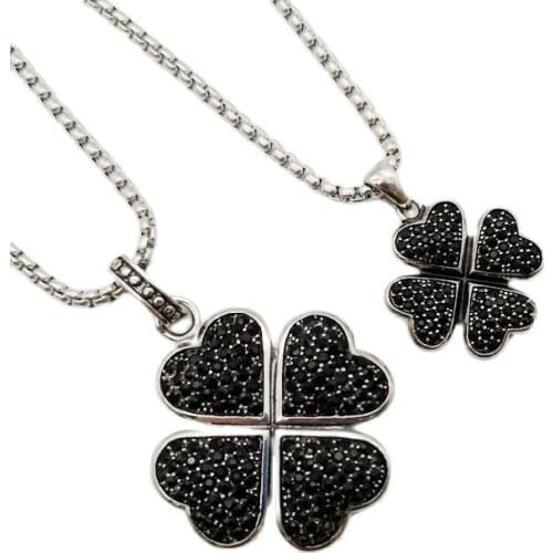 Silver color Lucky 4 leaf clover necklace stainless steel black stones 4 leaves clover pendant necklace for women BLKN0692