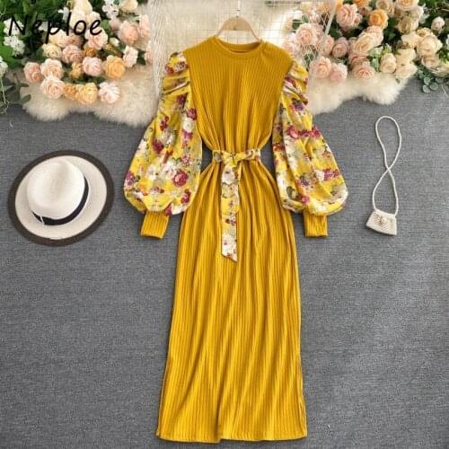 Neploe O Neck Pullover Puff Long Sleeve Dress Women Holiday Bohemian Print Long Vestidos Slim Waist Sashes Knit Robe Spring