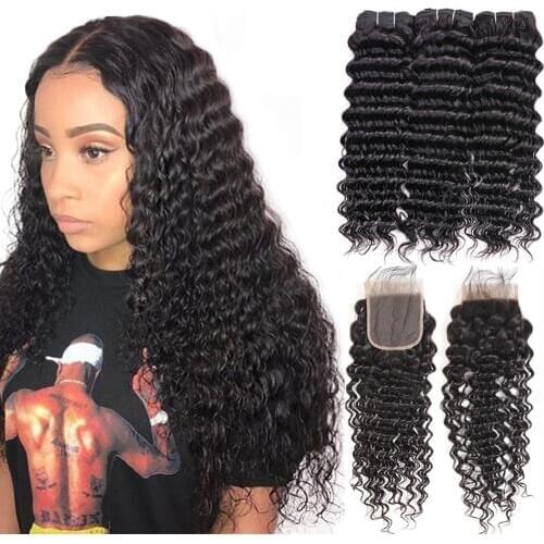 Sapphire Brazilian Hair Weave 3 Bundles With 4*4 Lace Closure Remy Hair Deep Curly Human Hair Deep Wave Bundles With Closure