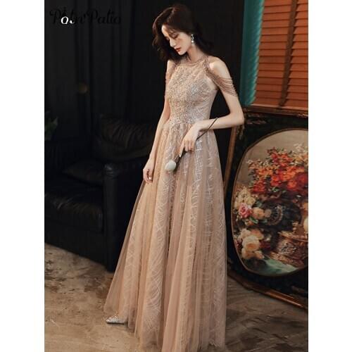 Sexy Halter Prom Dresses Long 2020 A-line Floor-length Tulle Dresses Woman Party Night Sparkly Sequin Evening Gown With Beading