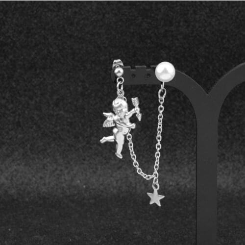 Korean Boys Punk Ear Clip Cuff Wrap Earrings Angel Pearl Star Men Stainless Steel Stud Earring Hipster Grunge Accessory Unisex