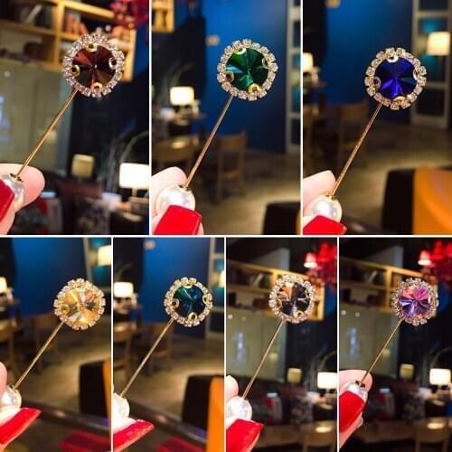 Dark Light Purple Grey Blue Green Round Double-Head Simple Rhinestone Pins White Simulated Pearl Golden Alloy Brooches for Women