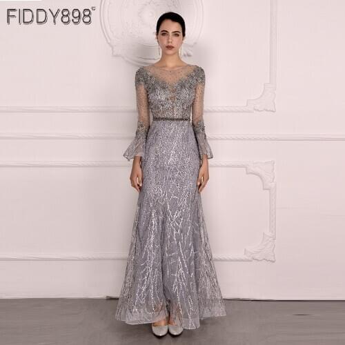 Mermaid Long Sleeves Evening Dress Crystal Beaded Formal Gowns For Women Party 2020 Appliques Vestidos Largos ASA-0152