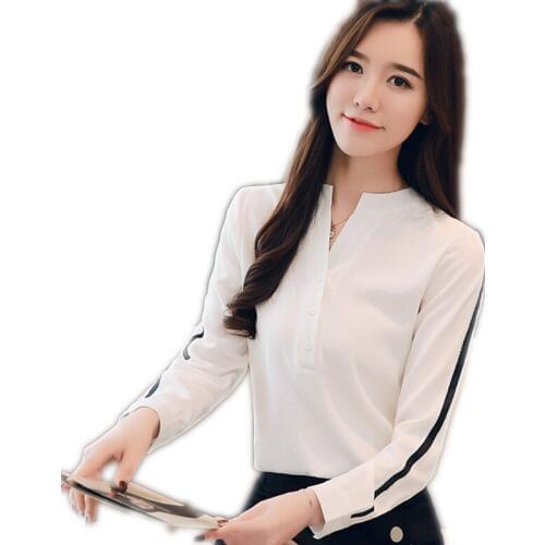 Long Sleeve Women Office Lady Blouses 2019 New Spring Summer Women Short Shirts Wear To Work Chiffon Blouses V-Neck Tops Q1171