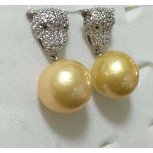 Charming pair of huge 10-11mm south gold pearl dangle earring 925s