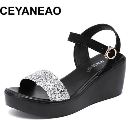 CEYANEAO Medium heel sandals women 2020 summer new platform gold wedge sandal