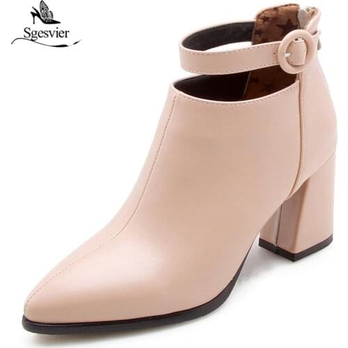 Sgesvier Pu Leather Women Shoes Platform Zipper All Match Pointed Toe Winter Ankle Boots Women Motocycle Shoes Size 32-47 OX578
