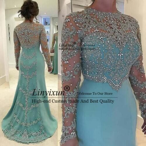 Mint Green Mermaid Evening Dresses Hot Sales New Long Sleeve Beads Crystal Appliqued Lace Bridal Guest Dresses Long Prom Dresses