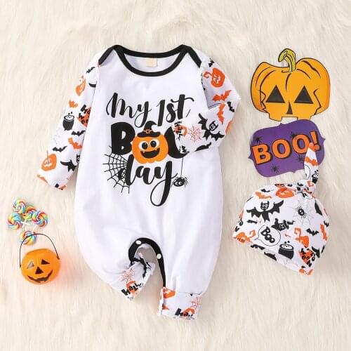 0-12M Newborn Baby Halloween Jumpsuit with Hat Cartoon Round Neck Long Sleeve Romper + Hat 2Pcs Autumn Outfits Festival Clothes