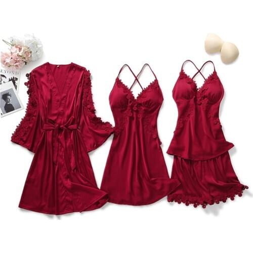4Pcs Satin Sleepwear Lady Pajamas Suit Nighty&Robe Suit Sexy Intimate Lingerie Casual Bridal Wedding Homewear Nightgown