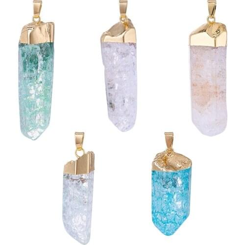 Plated Natural Crackle Crystal Pendants with Golden Tone Brass Findings 40~60x10~18x10~18mm Hole: 6x5mm