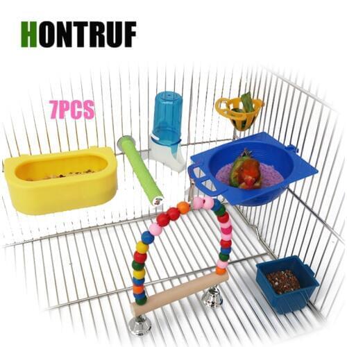 7PCS Bird Supplies Birdcage Accessories Parrot Drinker Feed Pot Birds Nest Station Pole Agapornis Pullarius Toy
