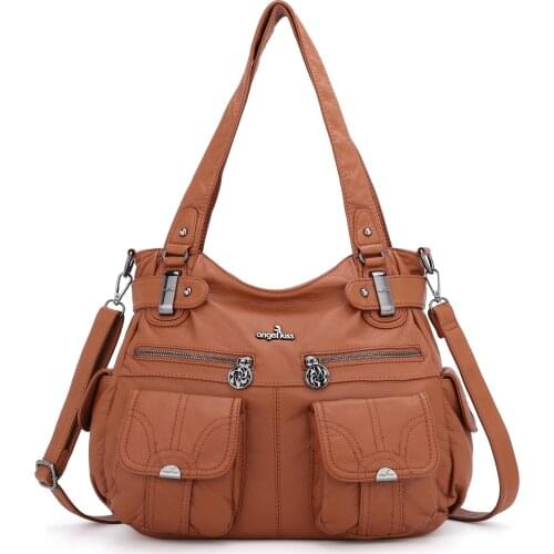 Angelkiss Brand Eco-Friendly Washed PU Leather Top Handle Satchel Shoulder Bag Women Tote Handbag