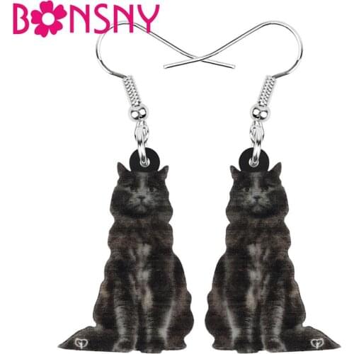 Bonsny Acrylic Black Maine Coon Cat Earrings Cute Kitten Animal Drop Dangle Jewelry For Women Girls Kids Fashion Gift Jewellery