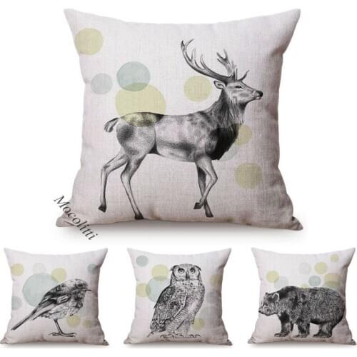 Animal Sketch Pattern Pillow Case Deer Owl Bear Bird Pencil Hand-Painted Cotton Linen Decoration Square Cushions Cover Almofadas