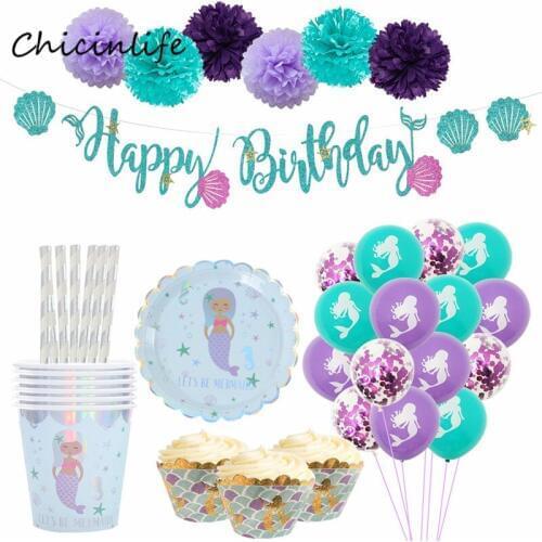 Chicinlife Mermaid Paper Cup Plates Napkins Banner Mermaid Party Supplies Ocean Mermaid Decoration kids birthday party supplies
