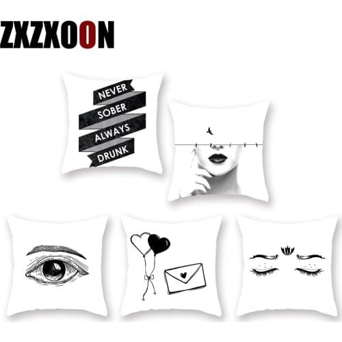 Polyester Black White Decorative Throw Pillow Case Girl Eye Animals Geometric Sofa Cushion Cover for Living Room Decoration