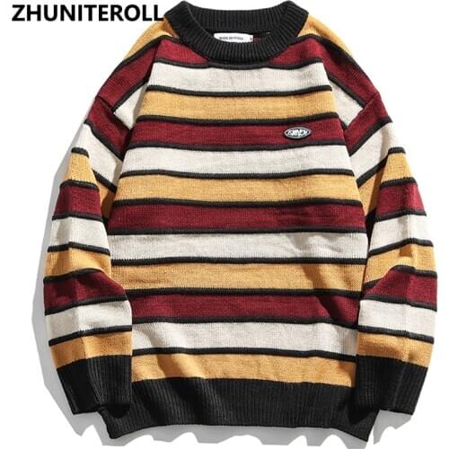 Men Hip Hop Streetwear Knitted Sweater Striped Harajuku Sweater Jumper Fashion Casual Pullover Sweater Autumn Spring Clothing