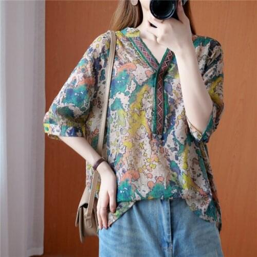 Cotton Linen Floral Women Blouse Summer Vintage 2021 V-Neck Half Sleeved Loose Elegant Female Pulls Outwear Tops