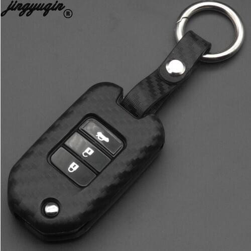 Jingyuqin Carbon Silicone Car Key Case Foding Flid Keychain Remote Cover for Honda 2016 2017 CRV Pilot Accord Civic Fit Freed